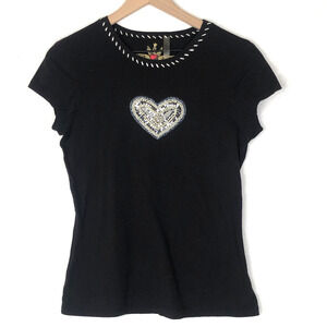 TWISTED‎ HEART Embellished Heart Top Sz L Black 100% Cotton Cap Sleeve Beads EUC